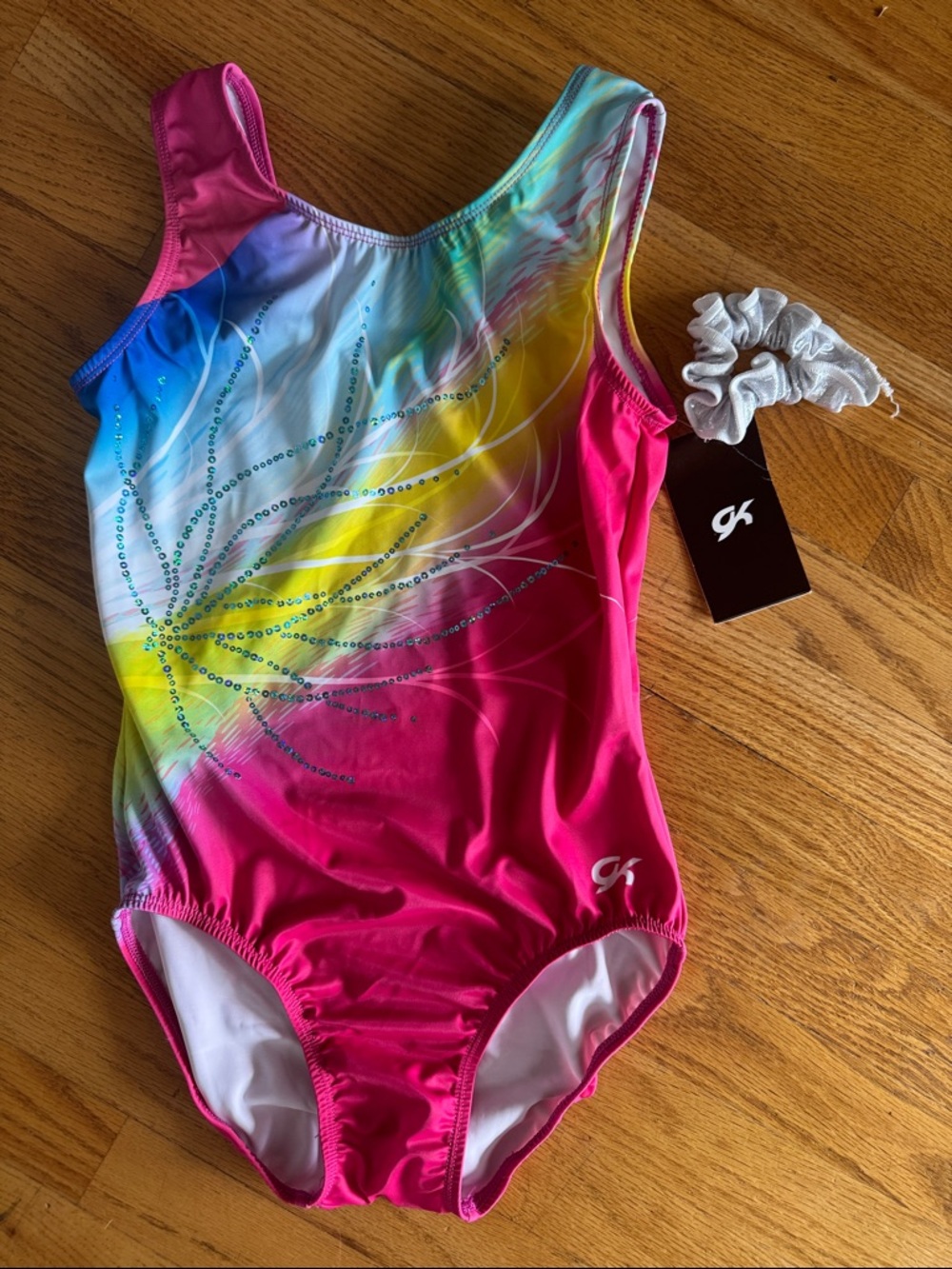 New! GK Pink Rainbow Sparkle One-Piece Leotard with Scrunchie AM